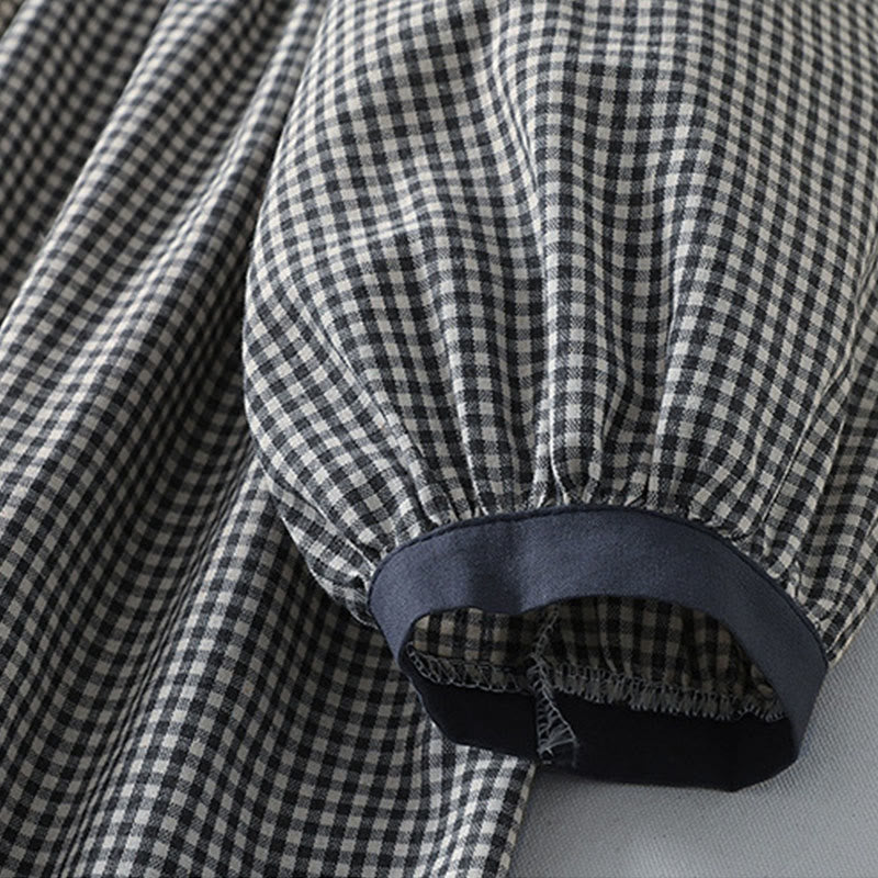 Abito midi in lino e cotone con maniche lunghe a lanterna e tasche, motivo scozzese casual Buddha Stones - image 13