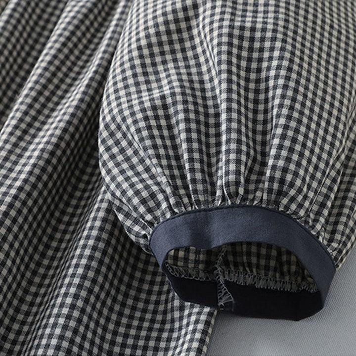 Abito midi in lino e cotone con maniche lunghe a lanterna e tasche, motivo scozzese casual Buddha Stones - image 13