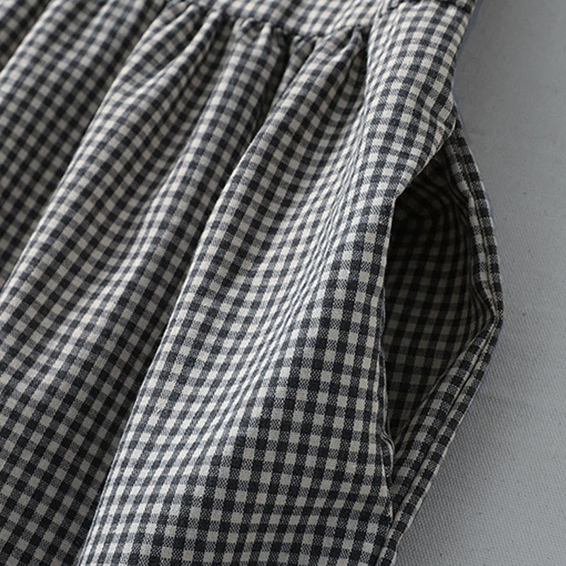 Abito midi in lino e cotone con maniche lunghe a lanterna e tasche, motivo scozzese casual Buddha Stones - image 14