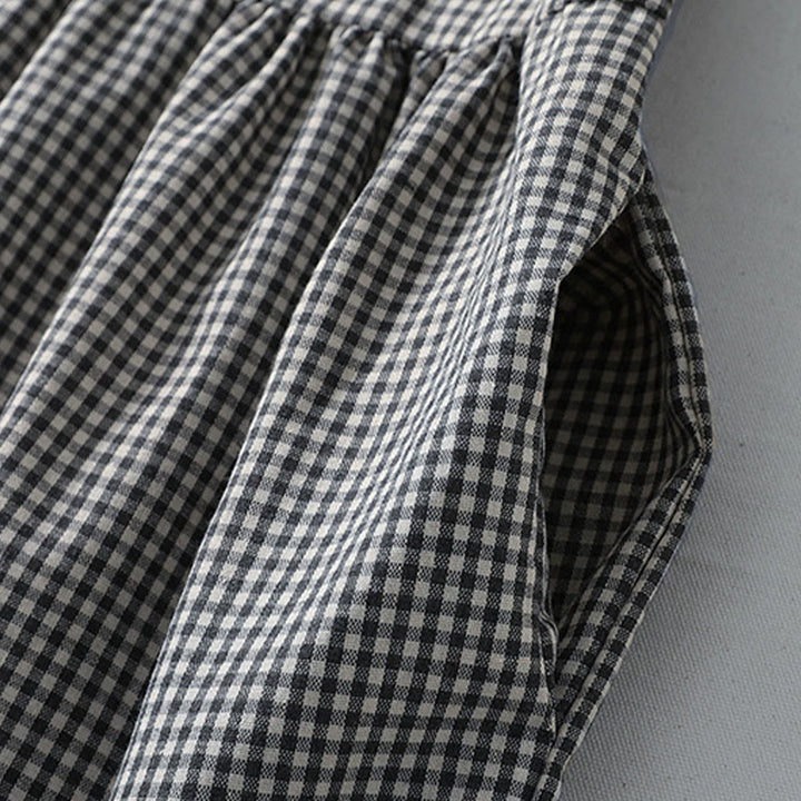 Abito midi in lino e cotone con maniche lunghe a lanterna e tasche, motivo scozzese casual Buddha Stones - image 14