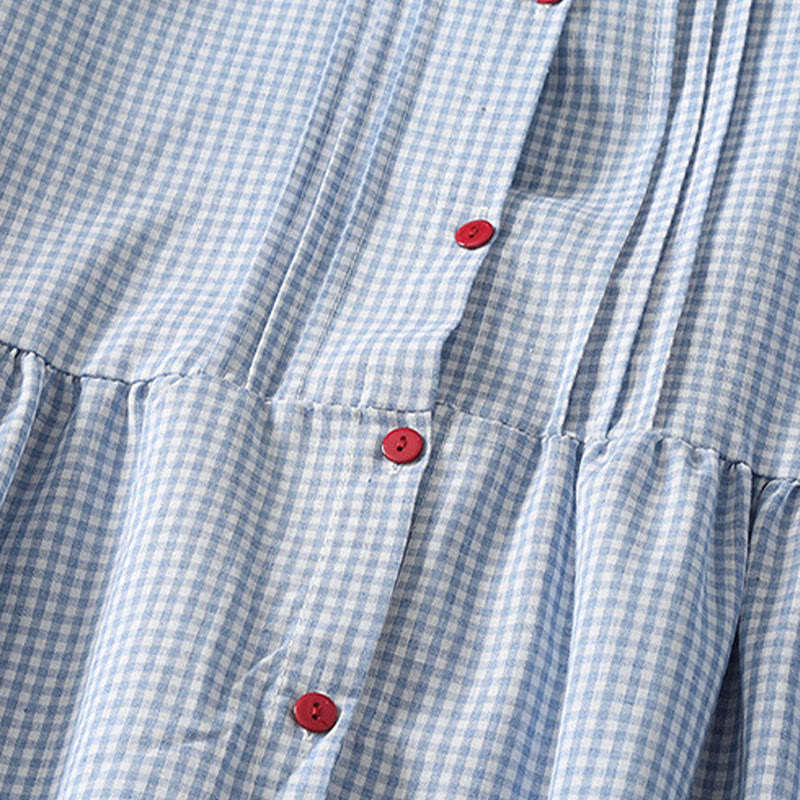 Abito midi in lino e cotone con maniche lunghe a lanterna e tasche, motivo scozzese casual Buddha Stones - image 3