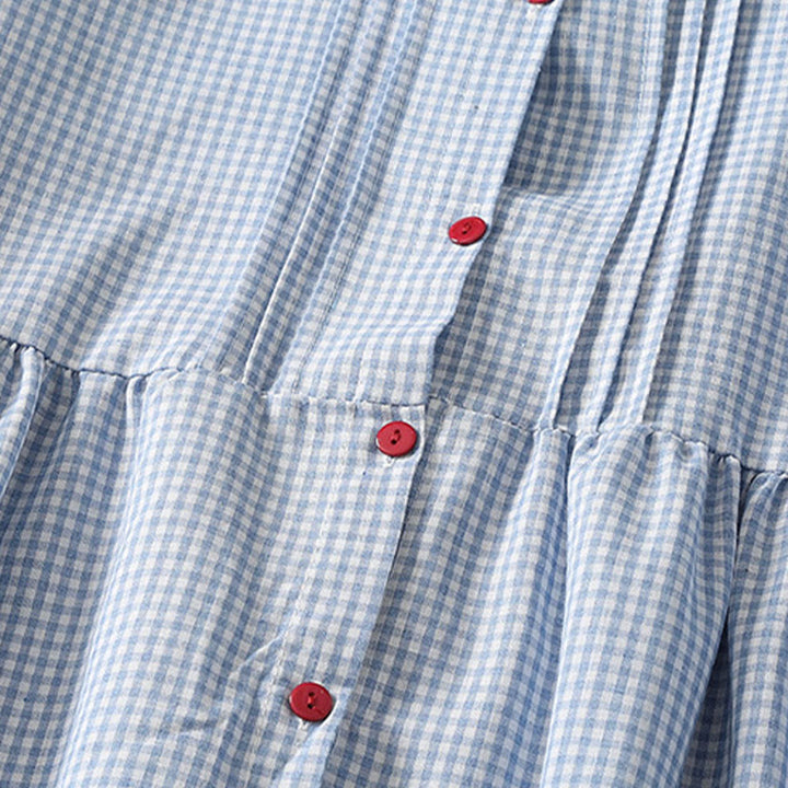 Abito midi in lino e cotone con maniche lunghe a lanterna e tasche, motivo scozzese casual Buddha Stones - image 3