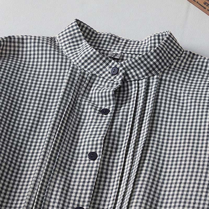 Abito midi in lino e cotone con maniche lunghe a lanterna e tasche, motivo scozzese casual Buddha Stones - image 8