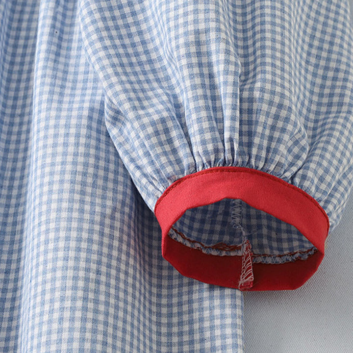 Abito midi in lino e cotone con maniche lunghe a lanterna e tasche, motivo scozzese casual Buddha Stones - image 4