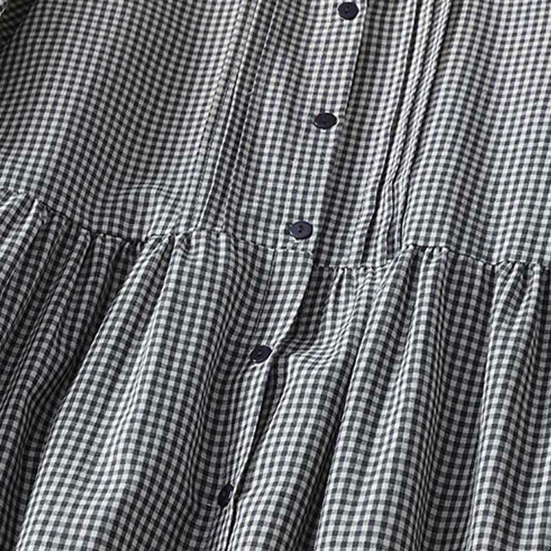 Abito midi in lino e cotone con maniche lunghe a lanterna e tasche, motivo scozzese casual Buddha Stones - image 11