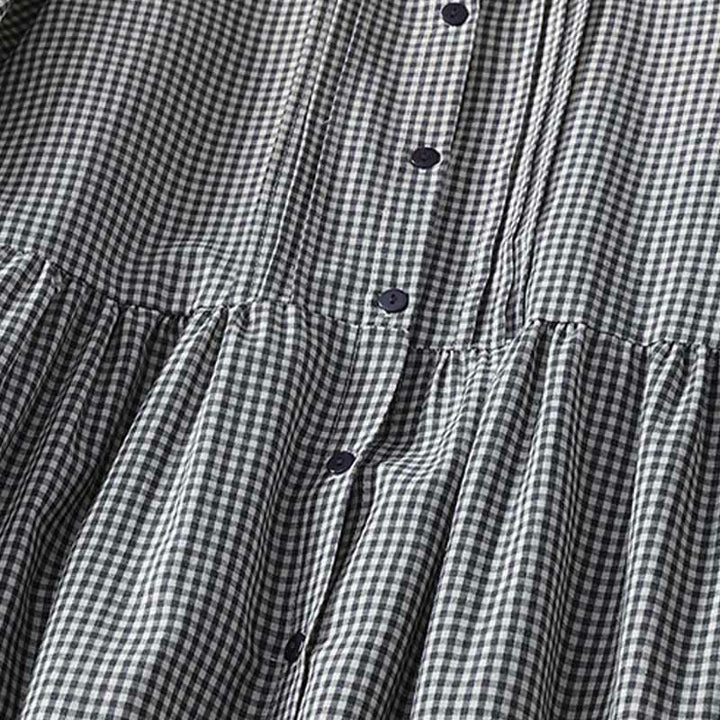 Abito midi in lino e cotone con maniche lunghe a lanterna e tasche, motivo scozzese casual Buddha Stones - image 11