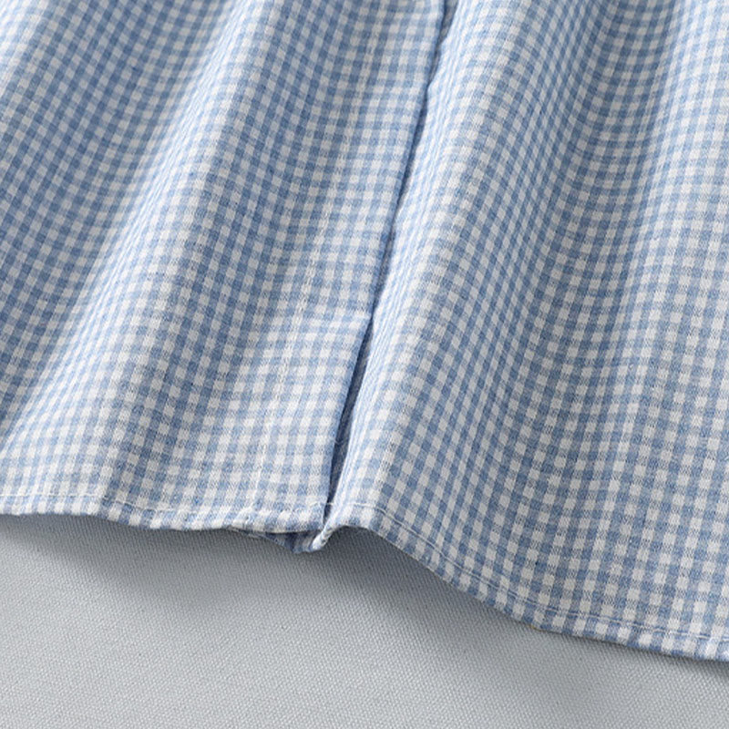 Abito midi in lino e cotone con maniche lunghe a lanterna e tasche, motivo scozzese casual Buddha Stones - image 5