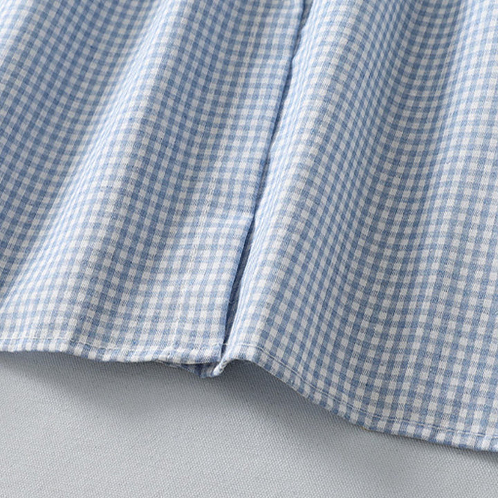 Abito midi in lino e cotone con maniche lunghe a lanterna e tasche, motivo scozzese casual Buddha Stones - image 5