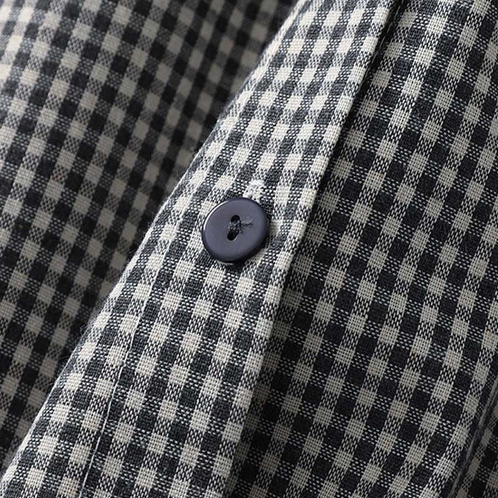 Abito midi in lino e cotone con maniche lunghe a lanterna e tasche, motivo scozzese casual Buddha Stones - image 12