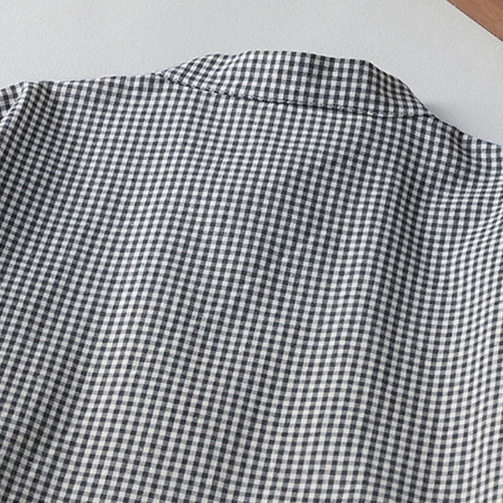 Abito midi in lino e cotone con maniche lunghe a lanterna e tasche, motivo scozzese casual Buddha Stones - image 11