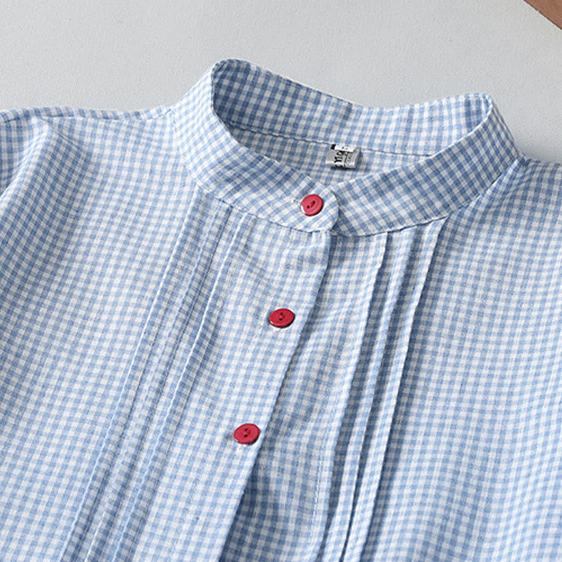 Abito midi in lino e cotone con maniche lunghe a lanterna e tasche, motivo scozzese casual Buddha Stones - image 2