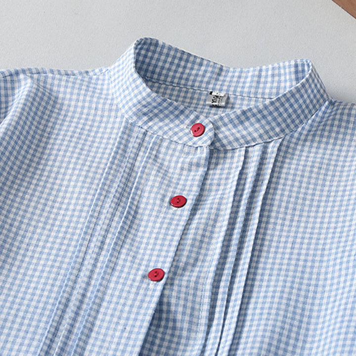 Abito midi in lino e cotone con maniche lunghe a lanterna e tasche, motivo scozzese casual Buddha Stones - image 2