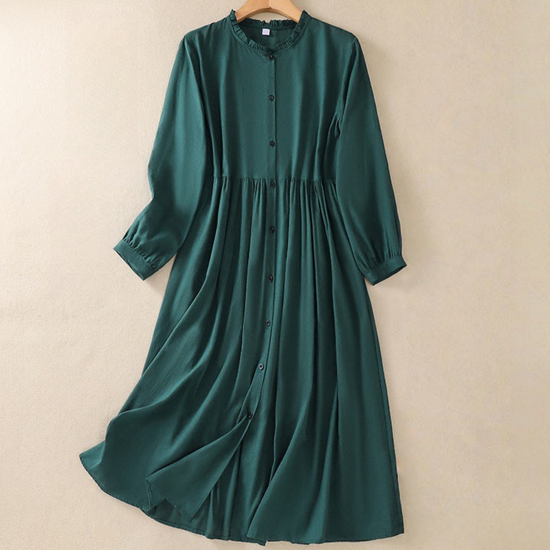 Abito midi in cotone con tasche, maniche lunghe, scollo rotondo, volant e bottoni , Buddha Stones - Verde scuro - US8-10, UK/AU12-14, EU40-42 (2XL) - image 1