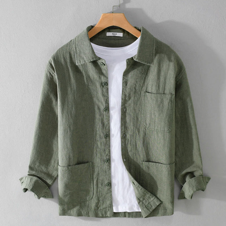 Camicia a maniche lunghe in lino e cotone con tasche, modello Buddha Stones Commute, da uomo, con bottoni semplici - Verdemare medio - US/UK/AU42, EU52 (3XL) - image 0