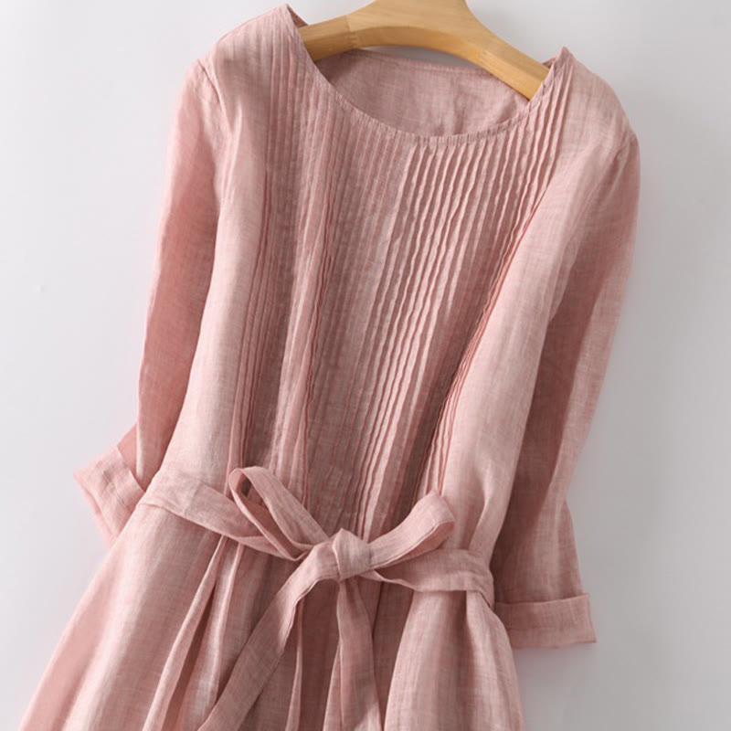 Abito midi casual con maniche corte, scollo rotondo, tasche e lacci Buddha Stones - image 1