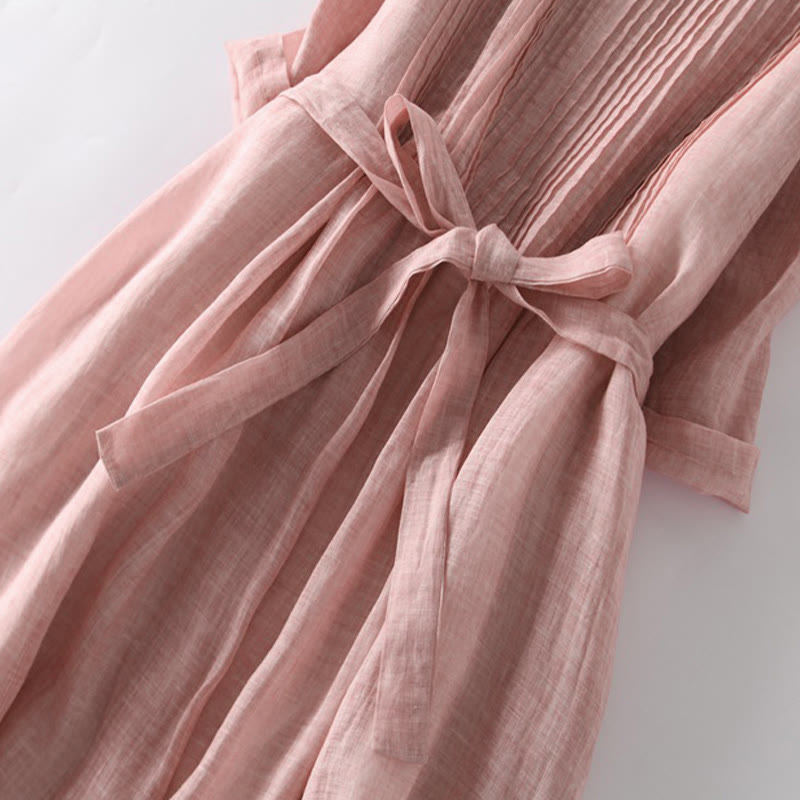 Abito midi casual con maniche corte, scollo rotondo, tasche e lacci Buddha Stones - image 2