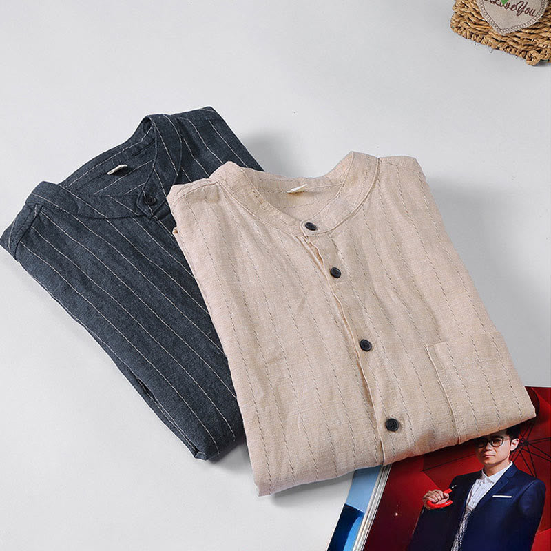 Camicia a maniche lunghe in cotone e lino con motivo a righe da uomo, modello Buddha Stones Daily Tang Suit - image 11