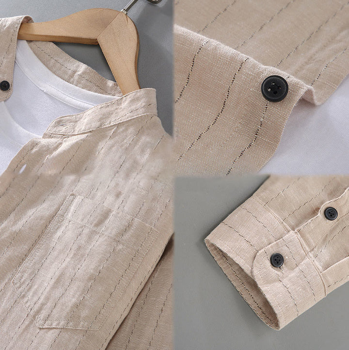 Camicia a maniche lunghe in cotone e lino con motivo a righe da uomo, modello Buddha Stones Daily Tang Suit - image 11