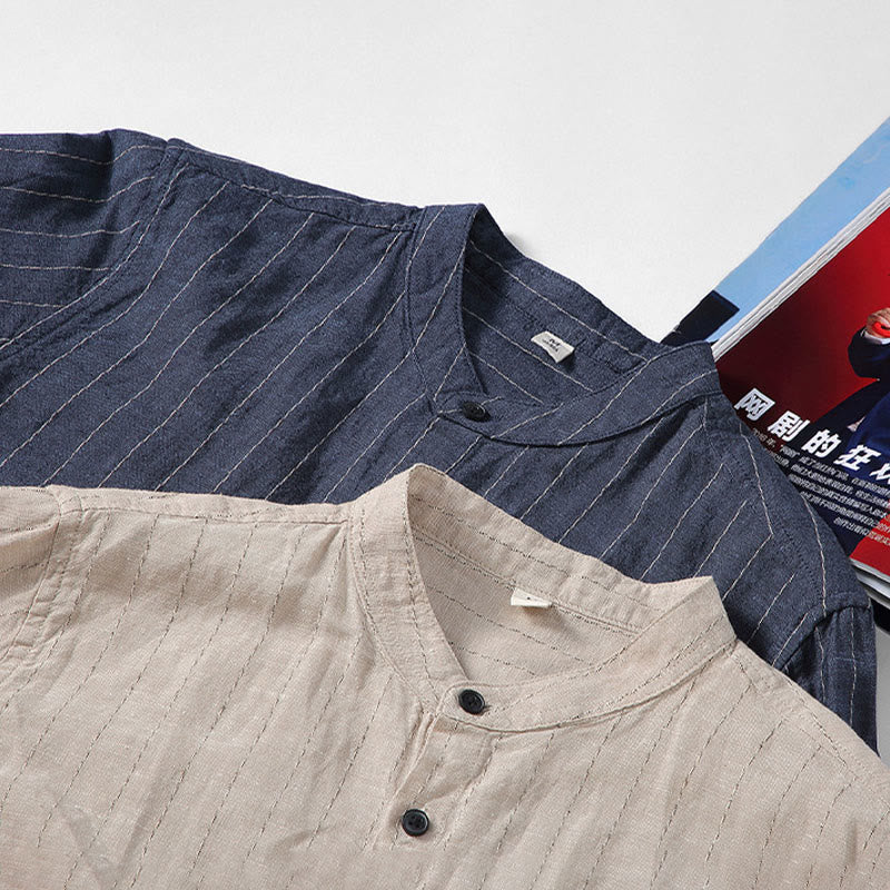 Camicia a maniche lunghe in cotone e lino con motivo a righe da uomo, modello Buddha Stones Daily Tang Suit - image 14
