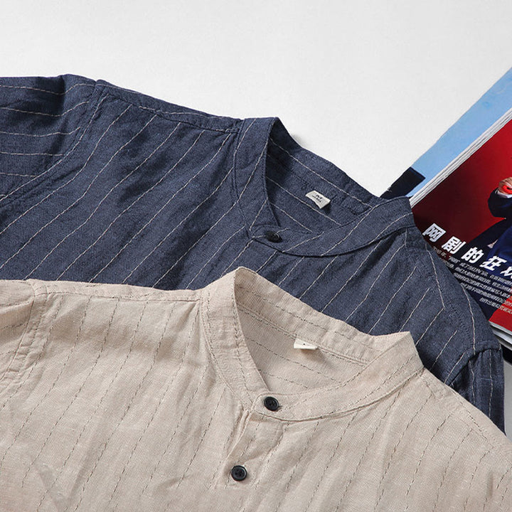 Camicia a maniche lunghe in cotone e lino con motivo a righe da uomo, modello Buddha Stones Daily Tang Suit - image 14