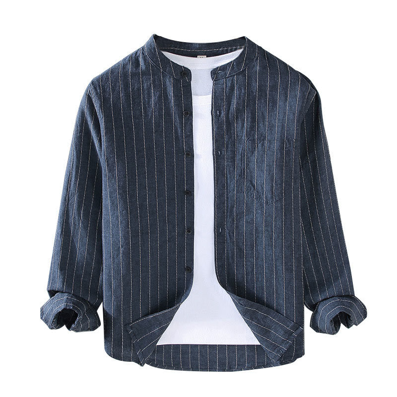 Camicia a maniche lunghe in cotone e lino con motivo a righe da uomo, modello Buddha Stones Daily Tang Suit - image 1