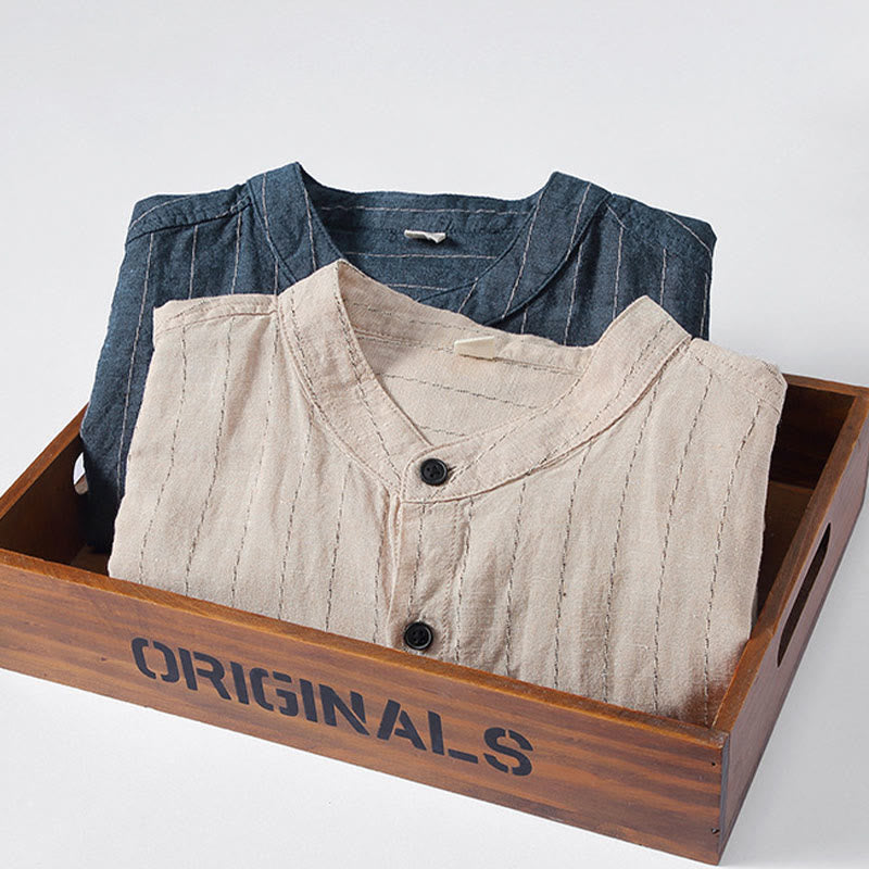 Camicia a maniche lunghe in cotone e lino con motivo a righe da uomo, modello Buddha Stones Daily Tang Suit - image 12