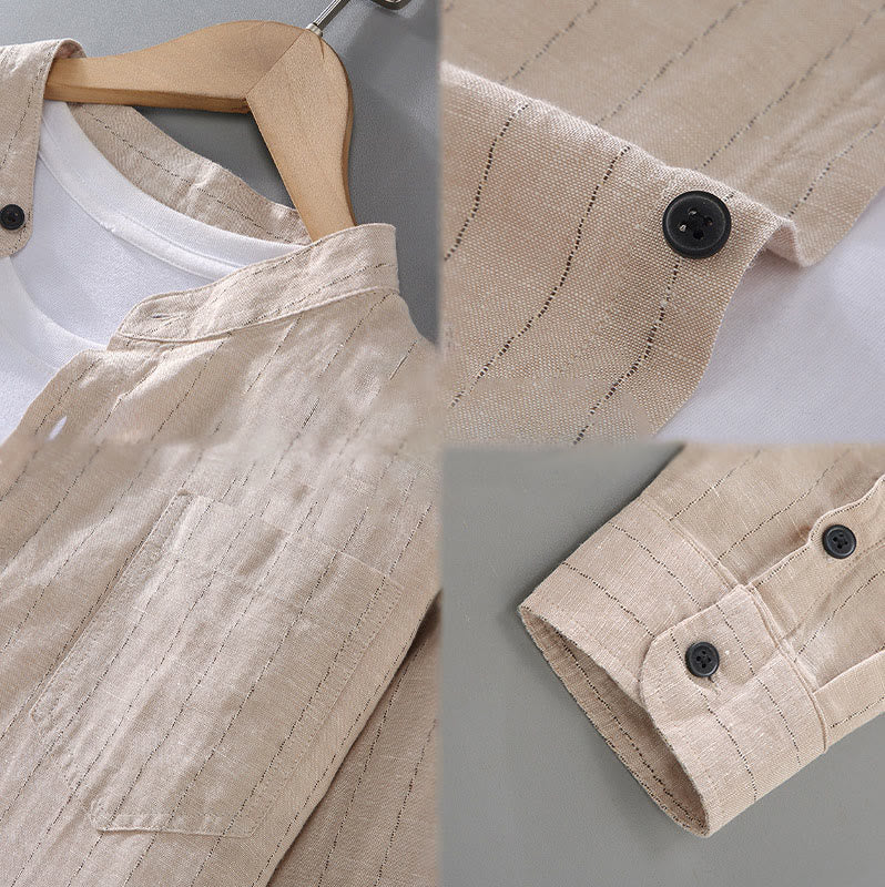 Camicia a maniche lunghe in cotone e lino con motivo a righe da uomo, modello Buddha Stones Daily Tang Suit - image 10