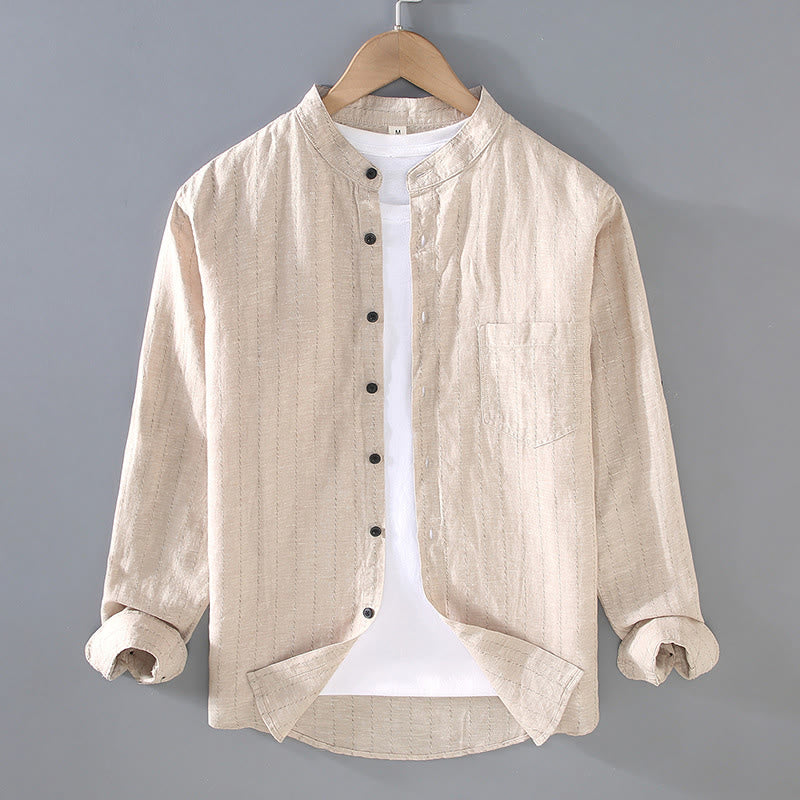 Camicia a maniche lunghe in cotone e lino con motivo a righe da uomo, modello Buddha Stones Daily Tang Suit - Beige - US/UK/AU42, EU52 (3XL) - image 2