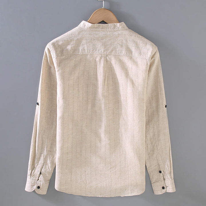 Camicia a maniche lunghe in cotone e lino con motivo a righe da uomo, modello Buddha Stones Daily Tang Suit - image 3