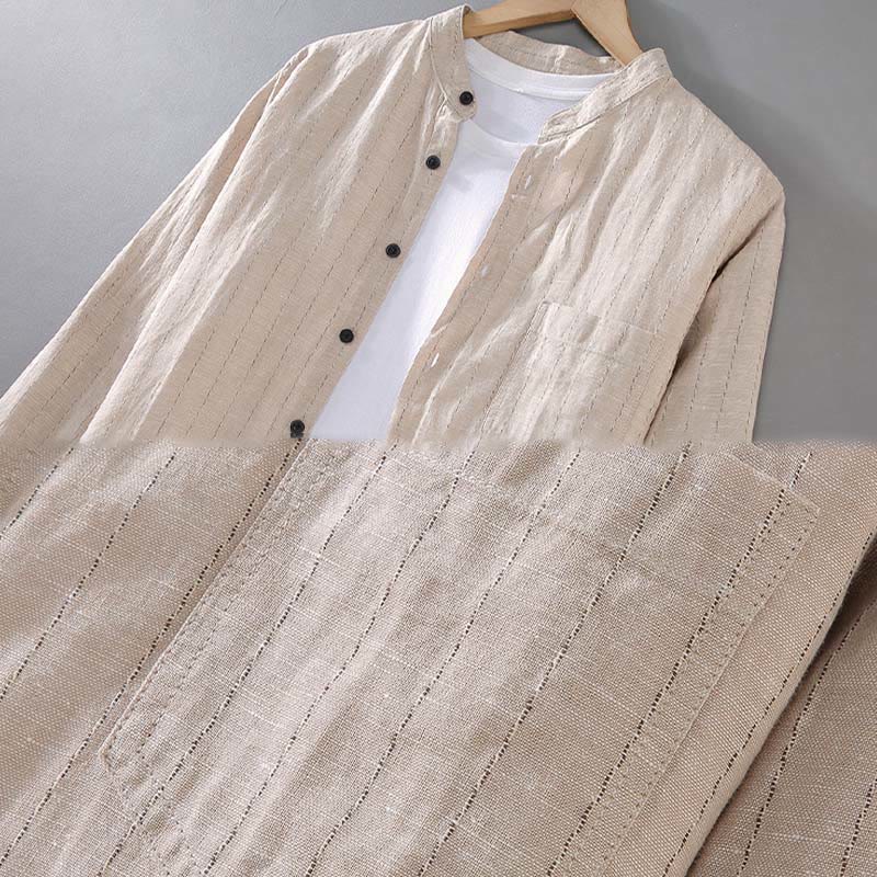 Camicia a maniche lunghe in cotone e lino con motivo a righe da uomo, modello Buddha Stones Daily Tang Suit - image 6