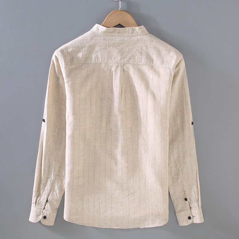 Camicia a maniche lunghe in cotone e lino con motivo a righe da uomo, modello Buddha Stones Daily Tang Suit - image 3