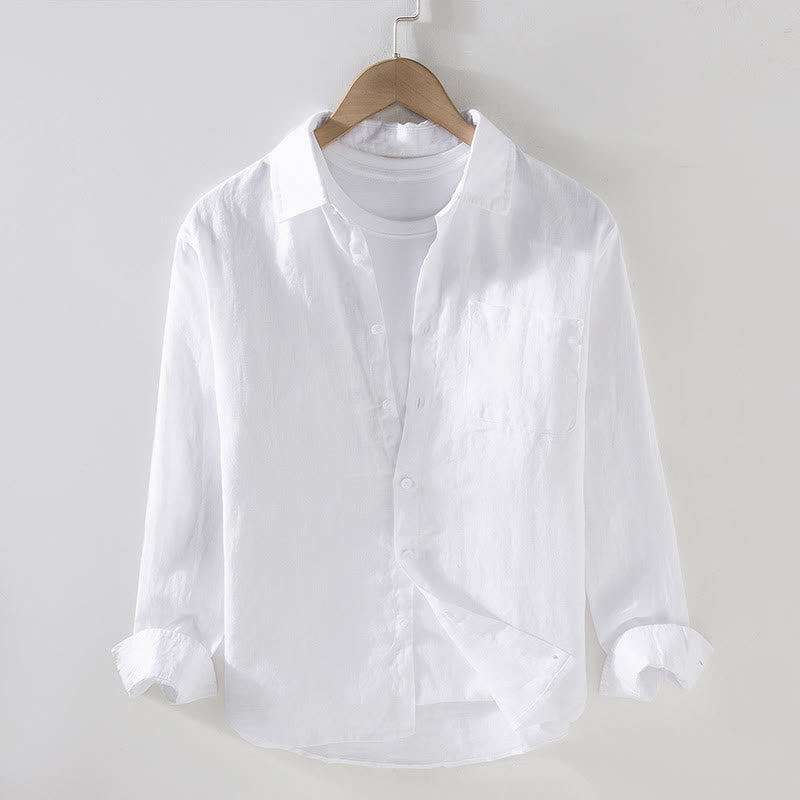 Camicia casual da uomo in lino puro a maniche lunghe con tasca Buddha Stones Spring - Bianco - US/UK/AU42, EU52 (3XL) - image 7