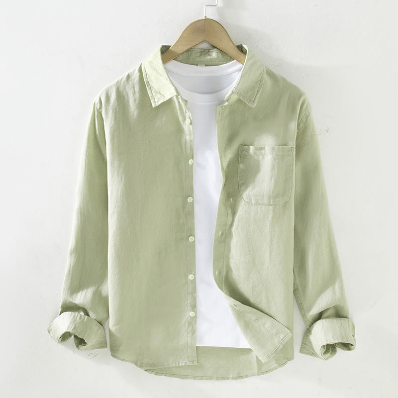 Camicia casual da uomo in lino puro a maniche lunghe con tasca Buddha Stones Spring - Verde pallido - US/UK/AU42, EU52 (3XL) - image 11