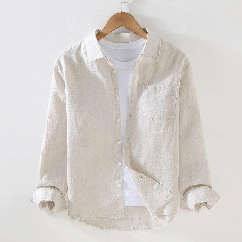 Camicia casual da uomo in lino puro a maniche lunghe con tasca Buddha Stones Spring - Beige - US/UK/AU42, EU52 (3XL) - image 0