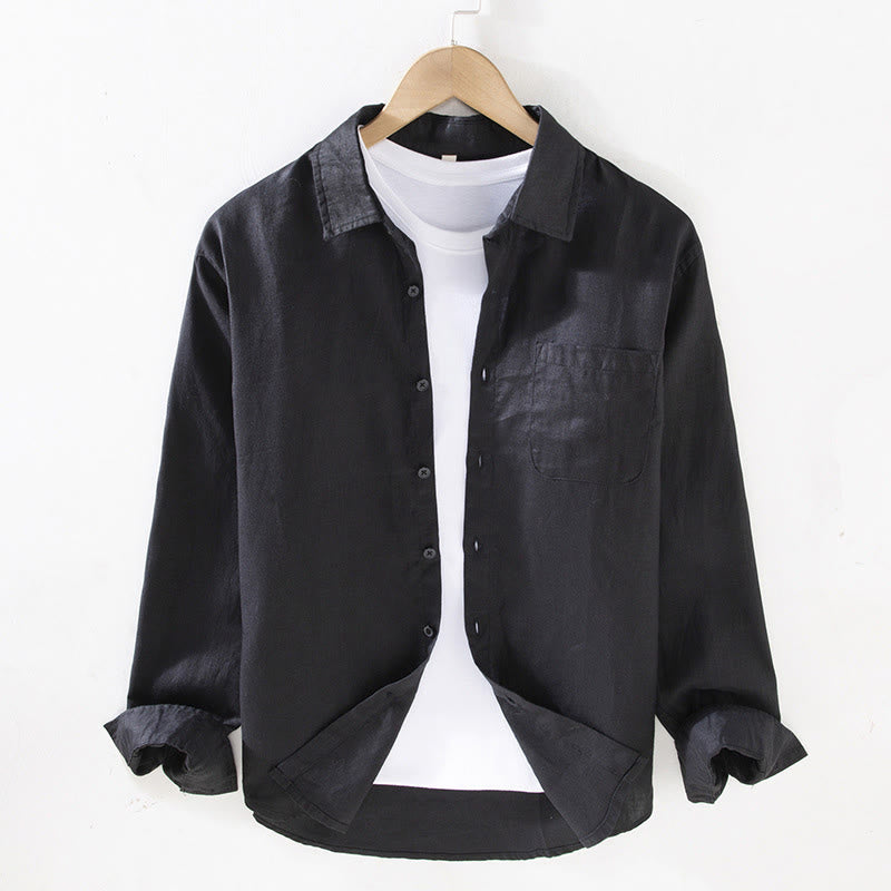 Camicia casual da uomo in lino puro a maniche lunghe con tasca Buddha Stones Spring - Nero - US/UK/AU42, EU52 (3XL) - image 8