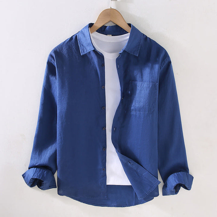 Camicia casual da uomo in lino puro a maniche lunghe con tasca Buddha Stones Spring - Blu medio - US/UK/AU42, EU52 (3XL) - image 13