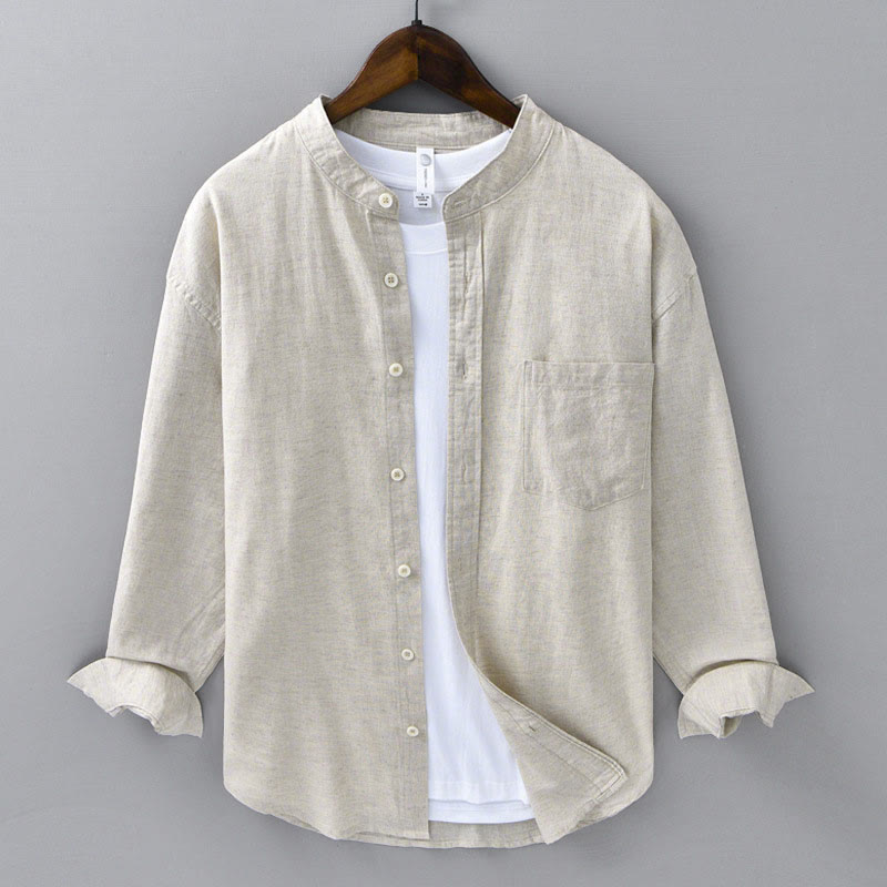 Camicia casual in cotone e lino a maniche lunghe da uomo Buddha Stones con colletto alla coreana e tasca, colore puro - Biancheria - US/UK/AU40, EU50 (3XL) - image 1