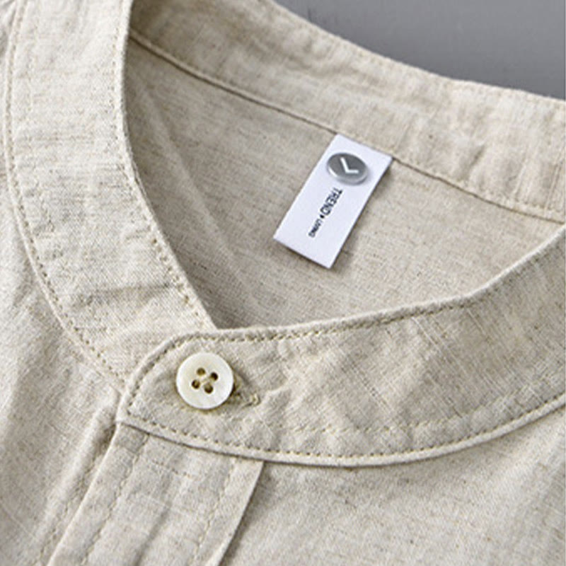 Camicia casual in cotone e lino a maniche lunghe da uomo Buddha Stones con colletto alla coreana e tasca, colore puro - image 2