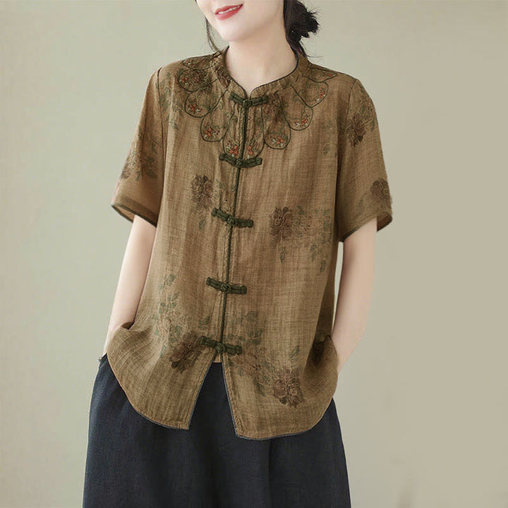 Camicia con stampa di fiori viola e bottoni a forma di rana, motivo Buddha Stones - image 1