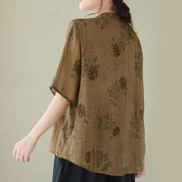 Camicia con stampa di fiori viola e bottoni a forma di rana, motivo Buddha Stones - image 3