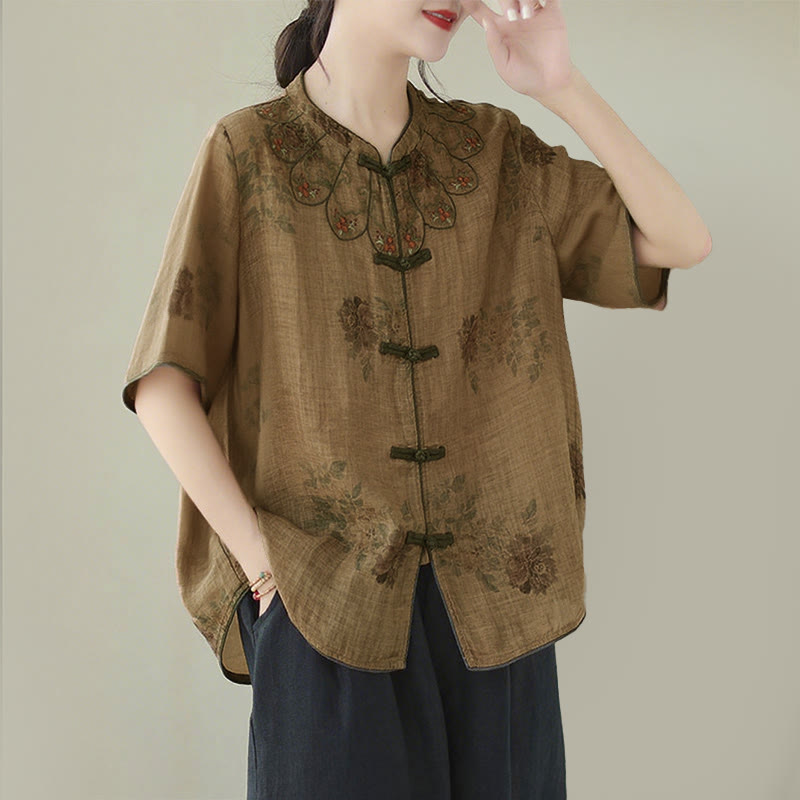 Camicia con stampa di fiori viola e bottoni a forma di rana, motivo Buddha Stones - image 3