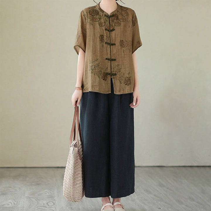 Camicia con stampa di fiori viola e bottoni a forma di rana, motivo Buddha Stones - image 10