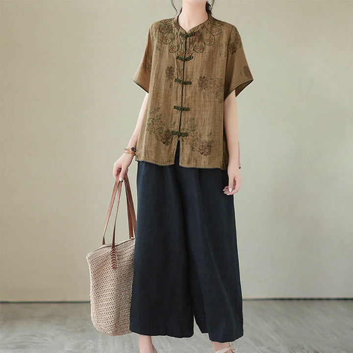 Camicia con stampa di fiori viola e bottoni a forma di rana, motivo Buddha Stones - image 11