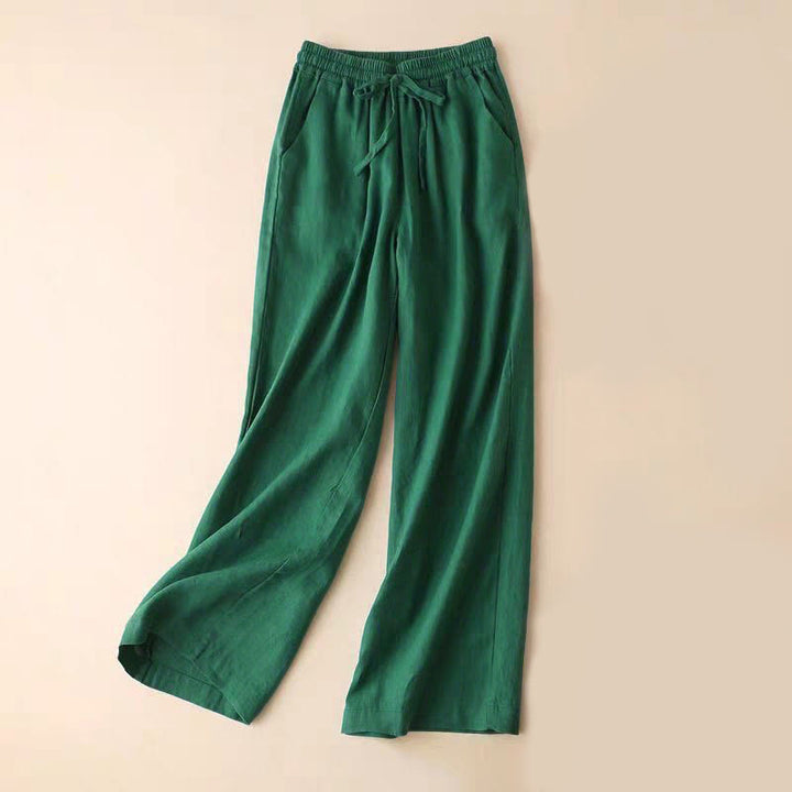 Pantaloni larghi con lacci a vita alta in cotone e lino casual Buddha Stones con tasche - Verdemare medio - US12, UK/AU16, EU44 (3XL) - image 8