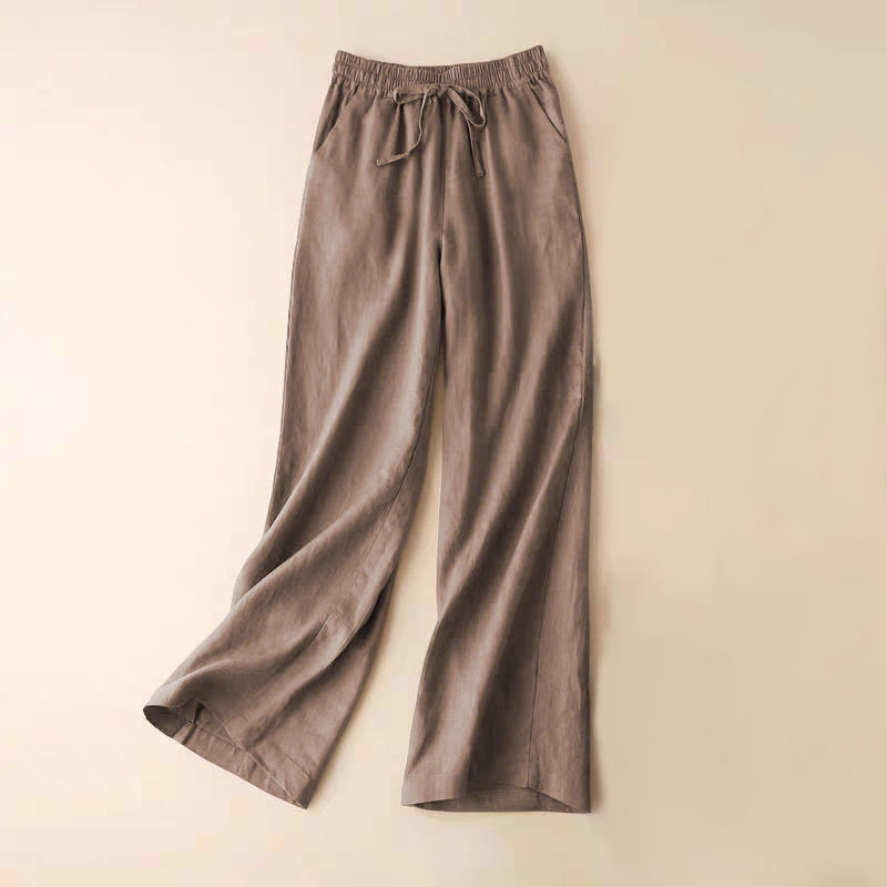 Pantaloni larghi con lacci a vita alta in cotone e lino casual Buddha Stones con tasche - Abbronzatura - US12, UK/AU16, EU44 (3XL) - image 29