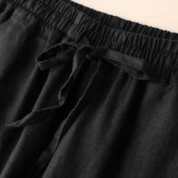 Pantaloni larghi con lacci a vita alta in cotone e lino casual Buddha Stones con tasche - image 21