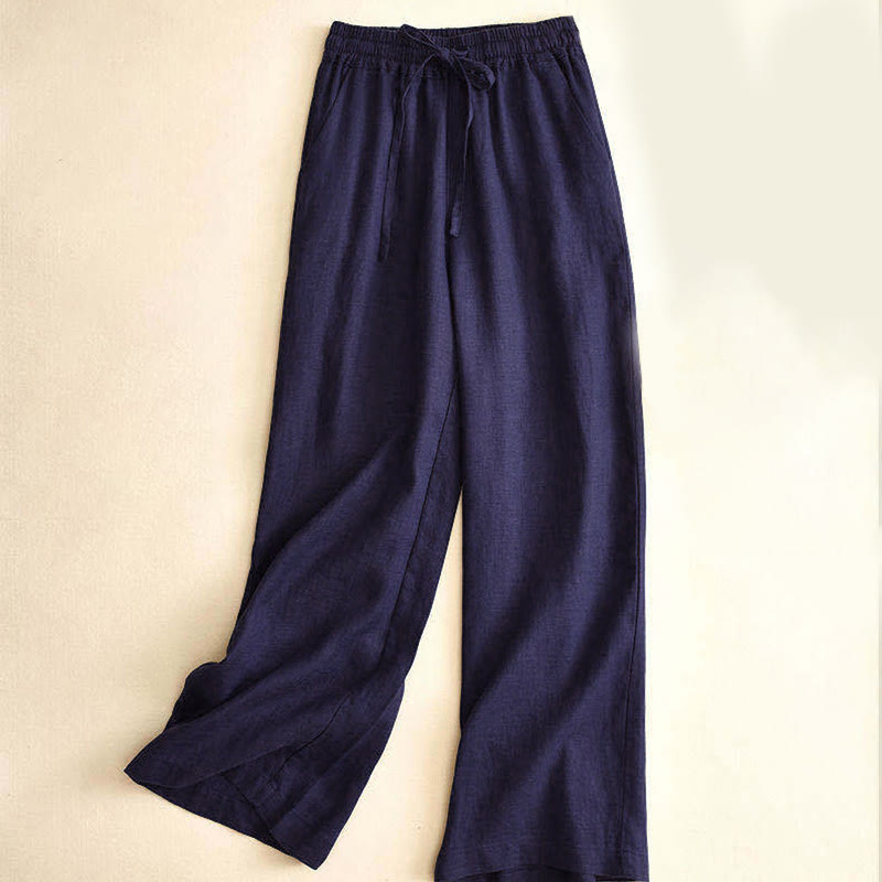 Pantaloni larghi con lacci a vita alta in cotone e lino casual Buddha Stones con tasche - SteelBlue - US12, UK/AU16, EU44 (3XL) - image 22