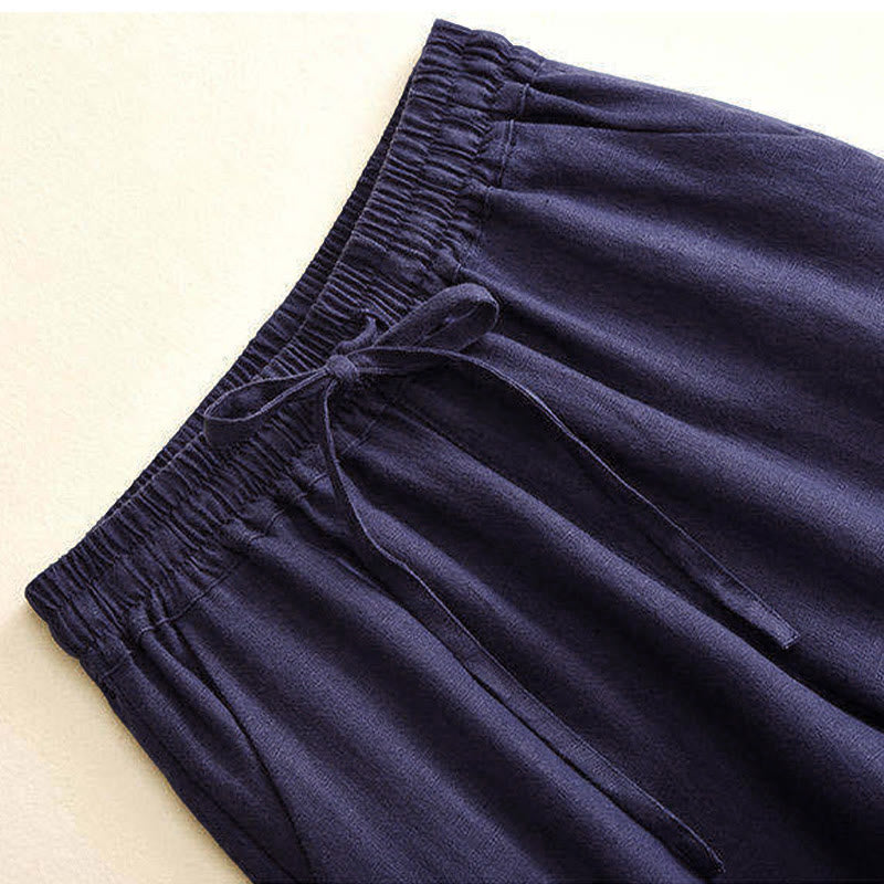 Pantaloni larghi con lacci a vita alta in cotone e lino casual Buddha Stones con tasche - image 23