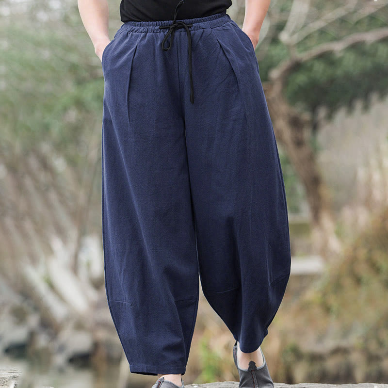 Pantaloni da uomo Buddha Stones in lino casual tinta unita con tasche - Blu notte - US/UK/AU44, EU54 (5XL) - image 5
