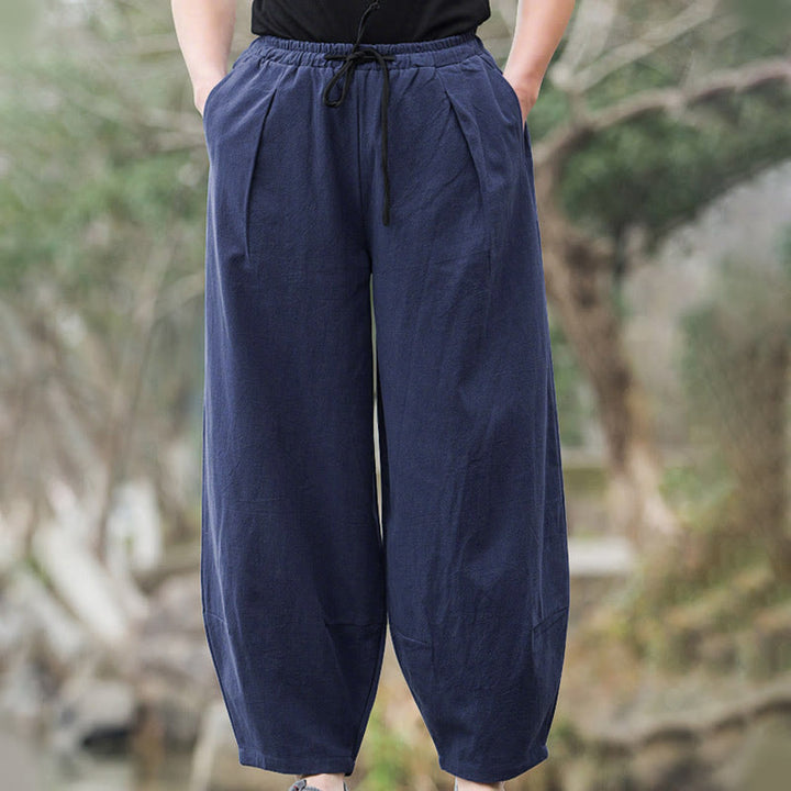Pantaloni da uomo Buddha Stones in lino casual tinta unita con tasche - image 6